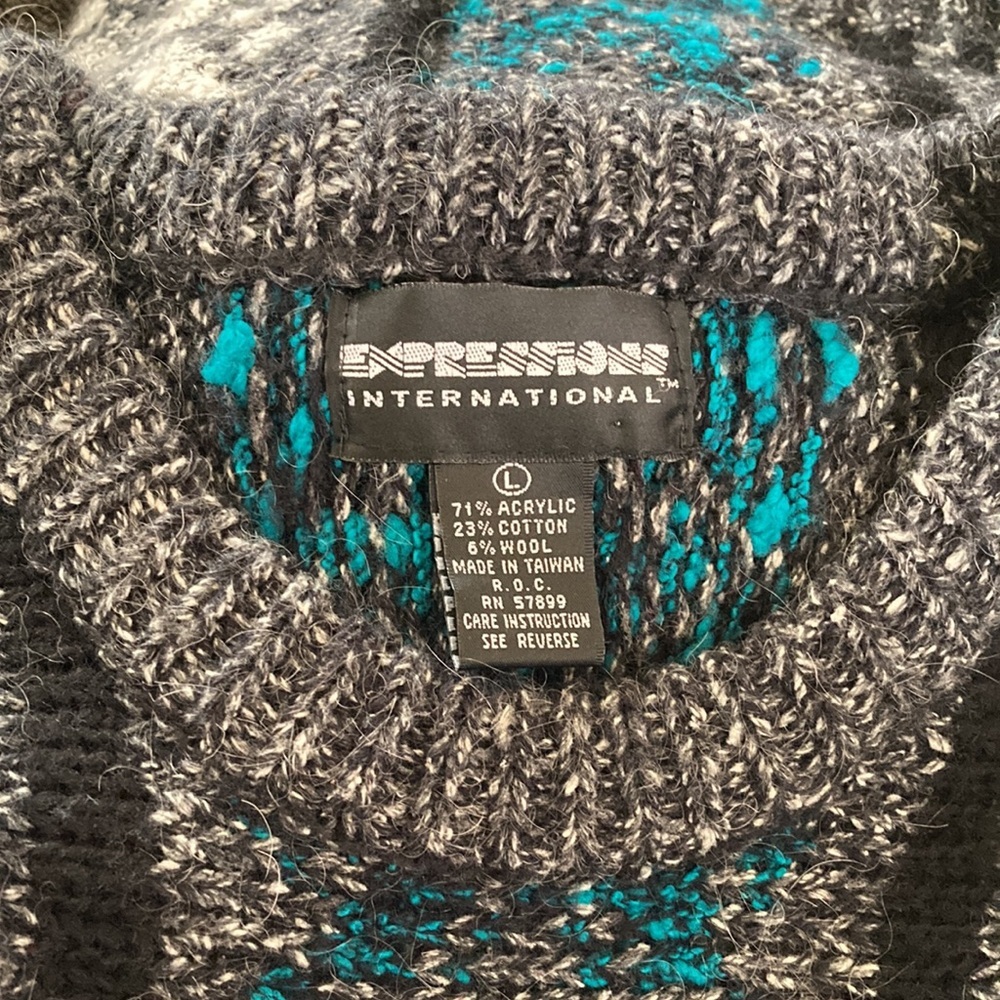 Mens size large vintage sweater Crewneck Expressions black white teal 90s EUC - Picture 3 of 3